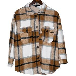 HYFVE Brown Tan Plaid Flannel Shacket Shirt Button Up Collared Womens Size Large